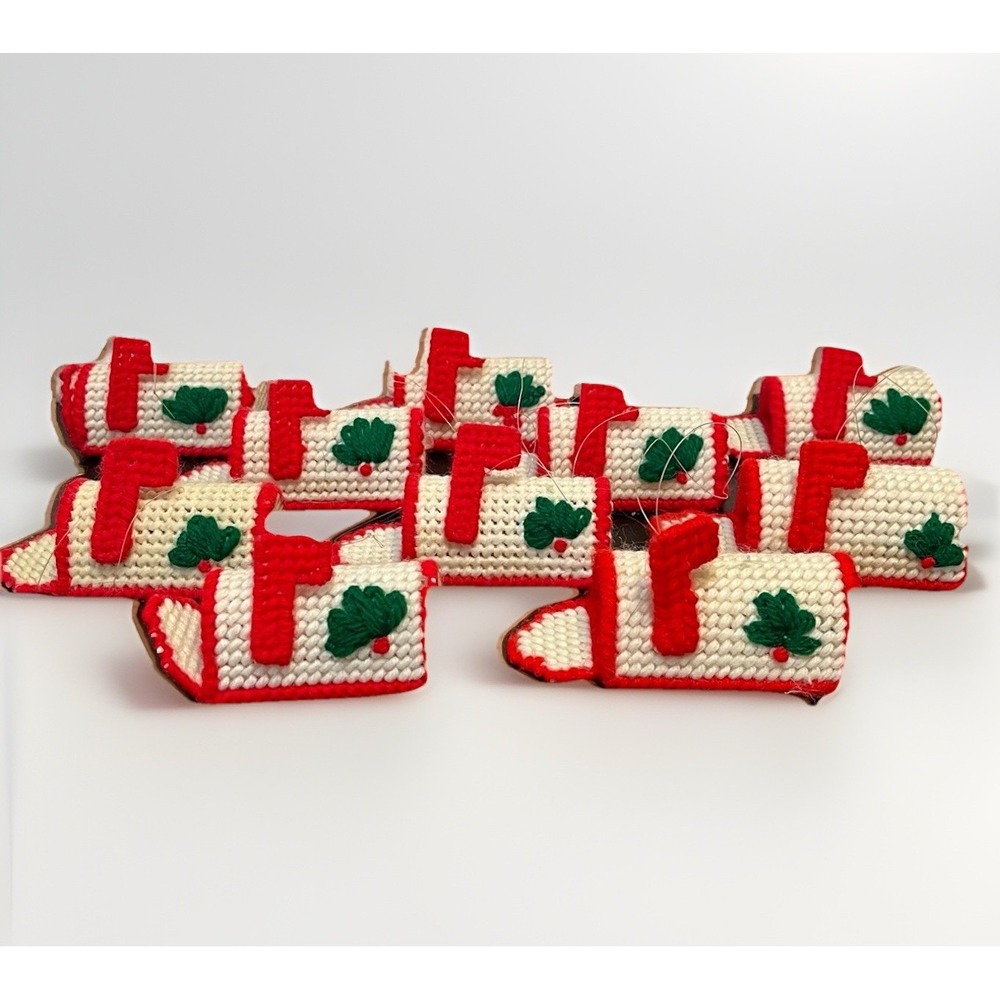 Vintage Christmas Needlepoint Mini Mailboxes Ornaments Plastic Canvas Lot of 10
